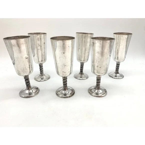 Vintage Tutem Spain Silver Plated Champagne Flutes Set of 6 Grapevine Stem