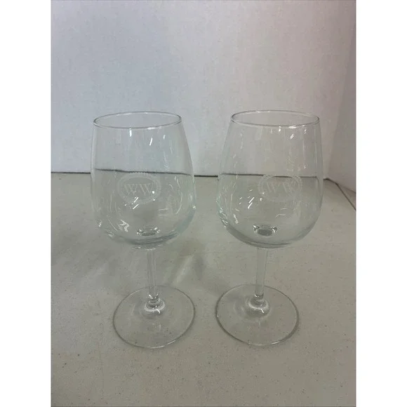 Set of 2 WW Monogram Etched Stemmed‎ Wine Glasses Clear Glass Barware
