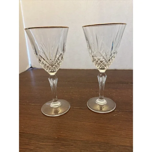 French Crystal Wine Glasses Cristal De Flandre Vintage Set 2 Gold Rim EUC‎
