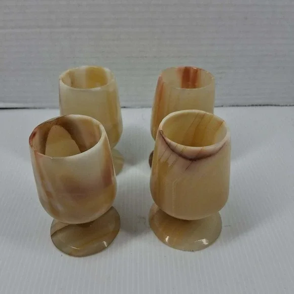 Vintage‎ Natural Banded Onyx Marble Mini Goblet Cordial Shot Glass Set of 4