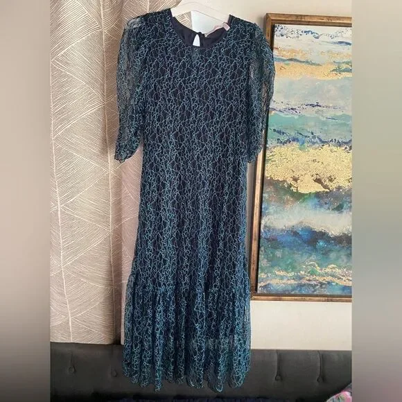SEE BY CHLOE Black Blue Lace Knit Long Sleeve Boho Coquette Midi Dress Sz 40 US8