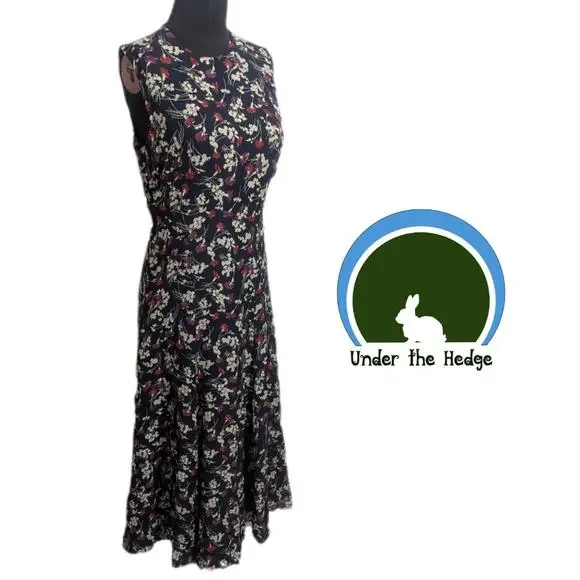 y2k Jones New York Navy Floral Silk Midi Dress Size 8 M1 Cottage Romantic