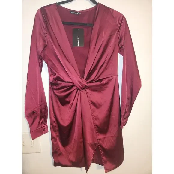 Fashion‎ Nova NWT Sugar Free Burgundy Knotted Wrap Silky Dress Medium
