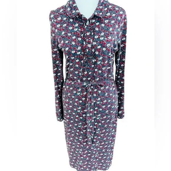 BODEN gray floral shirt style jersey knit belted dress with button front sz 10L.