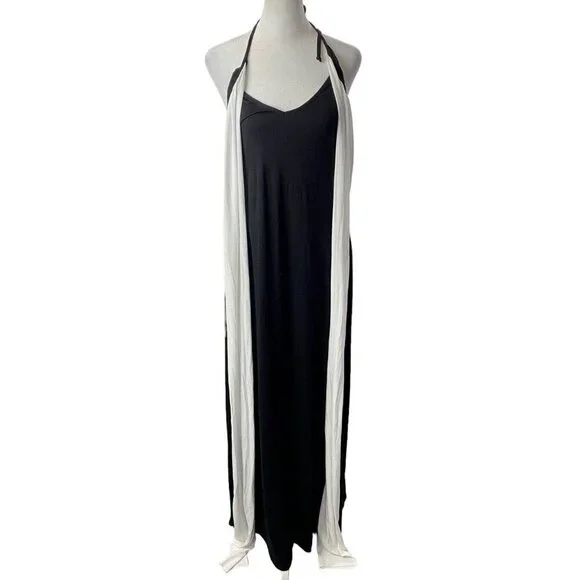 VENUS Women Maxi Dress Size L Black‎ White Halter Wrap Detail Unique 4-8