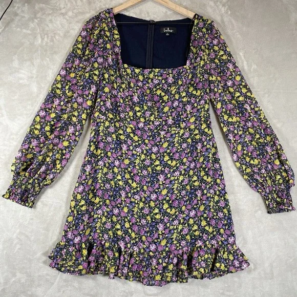 Lulus Dress Large Floral Long Sleeve Ruffle Mini
