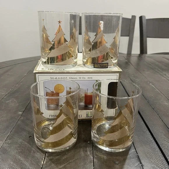 Vtg‎ Culver Christmas Tree 22k Gold Glasses Striped Signed MCM Barware Holiday 4