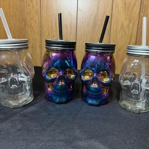 Glass Set of 4 skull‎ jars with straws NEW