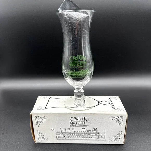VTG Cajun Queen Restaurant Port of New Orleans Hurricane Glass Cocktail With Box