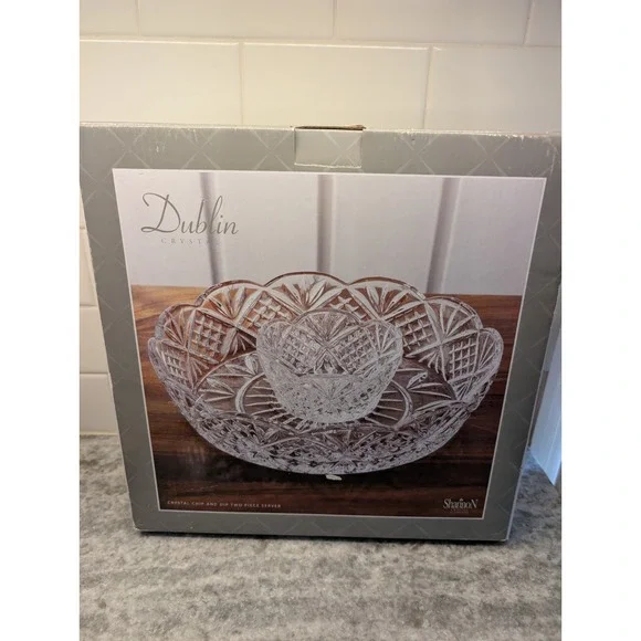 Shannon Crystal By Godinger‎ Dublin Crystal Large Chip-n-Dip Set 12