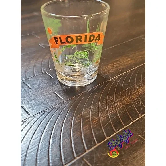 Vintage Florida Cold Shot Glass Orange Green Alligator Palms Late 70s Souvenir‎