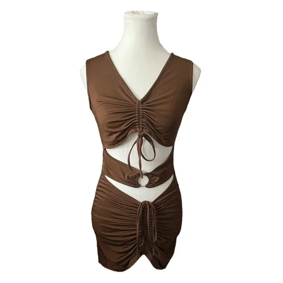 White Fox Brown Cutout Mini Dress‎ Ruched Bodycon Sleeveless Party Cocktail Sz M