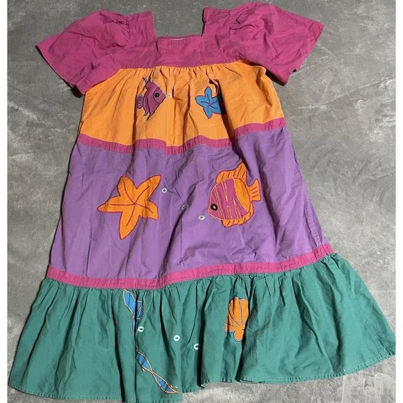 Vintage Allison Rhea Dress Womens‎ Medium Colorful Tiered Artsy Embroidered Fish