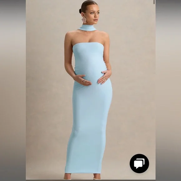 Club L London Strapless Maxi Dress in Light Blue with Neck Wrap