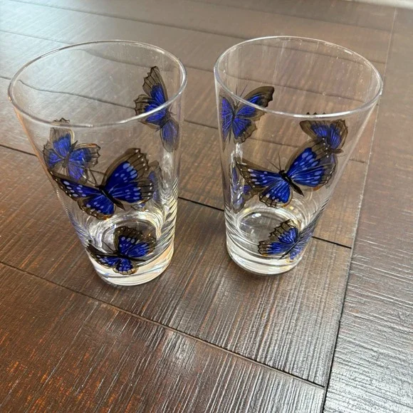 Painted Blue Butterfly Set‎ of 2 Nature Inspired Drinking Pint Glasses Fairycore