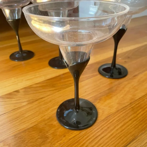 Black and Clear Non Breakable Plastic Margarita Cocktail Stems. Set of 6.