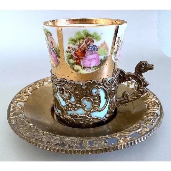 Antique Vienna‑Style Porcelain Cup w/ Ornate Silverplate Holder & Saucer