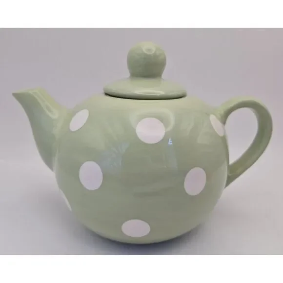 Mint Green Teapot With Lid  And White‎ Polkadots Durable Stoneware Ceramic