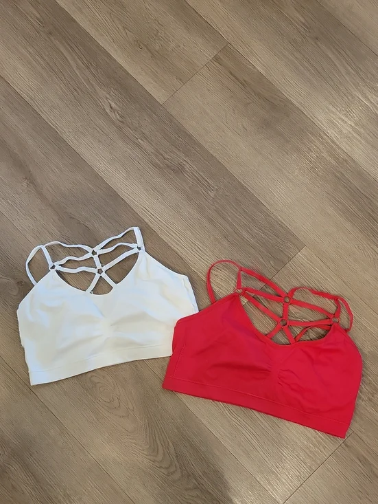 Strappy Back Sports Bras - White & Red