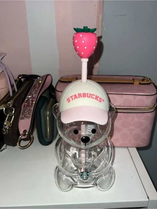 Starbucks Clear Bear Tumbler with Pink Straw and Cream Lid