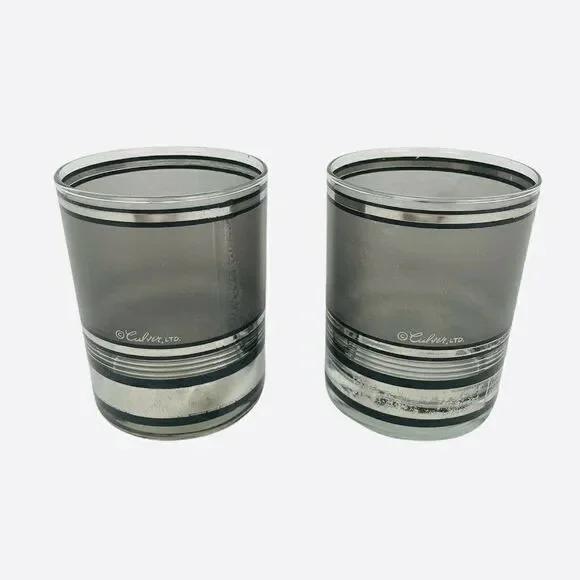 Vintage MCM Culver Silver Stripe Glass Set of 2 Bar Whiskey Loball Hiball Pair
