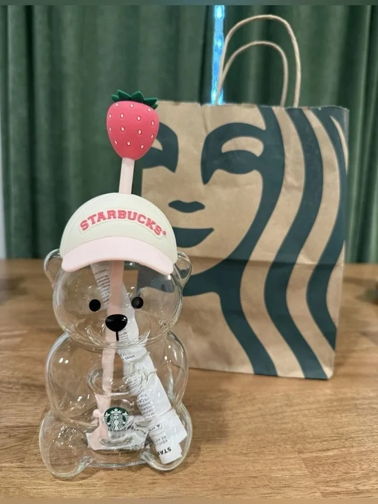 Authentic Starbucks Bearista Bear Glass Pink Drink Strawberry Cup 20 oz.