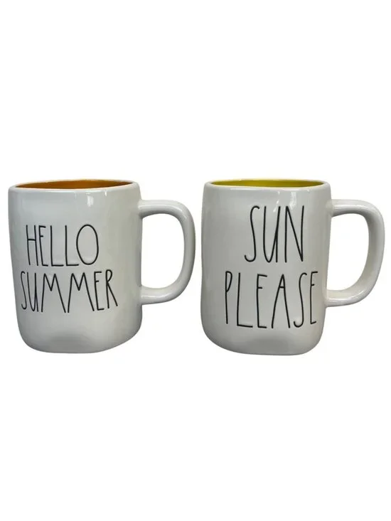 Rae Dunn Hello Summer Sun Set Ceramic Coffee Cups Mugs Yellow Orange Collection