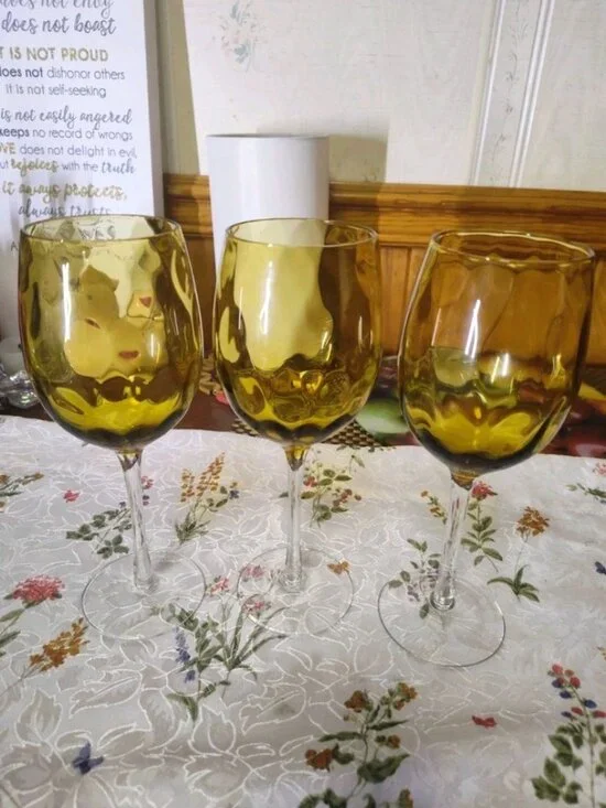 Lot of 3 Vintage Amber Wine Glass Century Modern Italian Empoli Pieces 