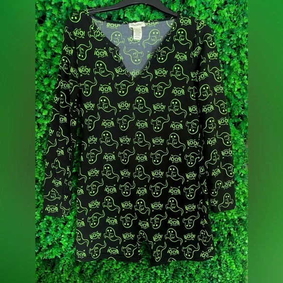 Shosho Romper Women's Large Pajamas Black Green Ghost Boo Halloween