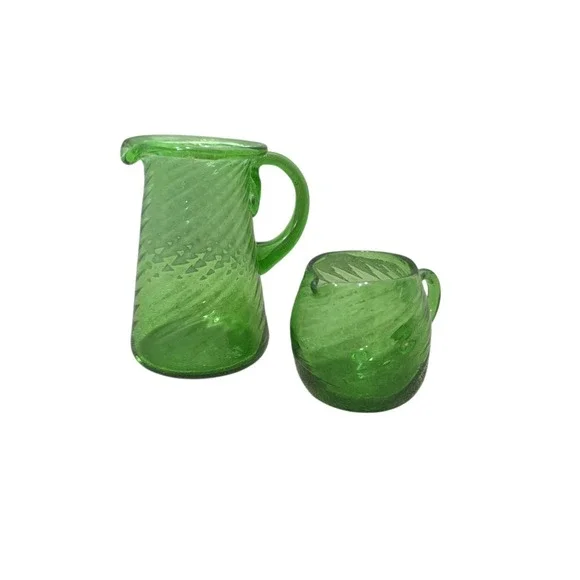 Vintage Hand Blown Green Swirl Art Glass Pitcher & Creamer Set Applied Handles