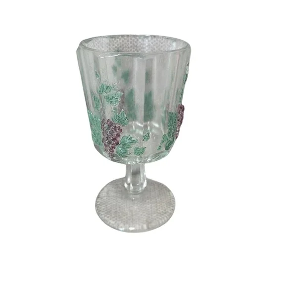 Vintage Clear Glass Wine Goblet Raised Purple Grapes Green Leaves Stemware