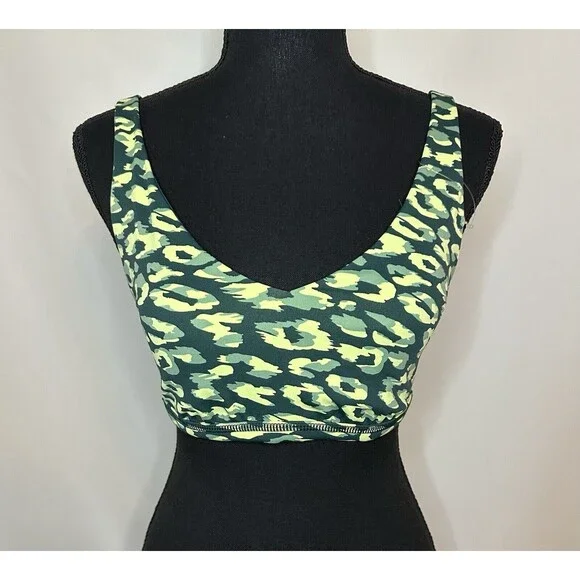 OFFLINE By AERIE Goals Plunge Green Leopard Sports Bra‎ XS NWT