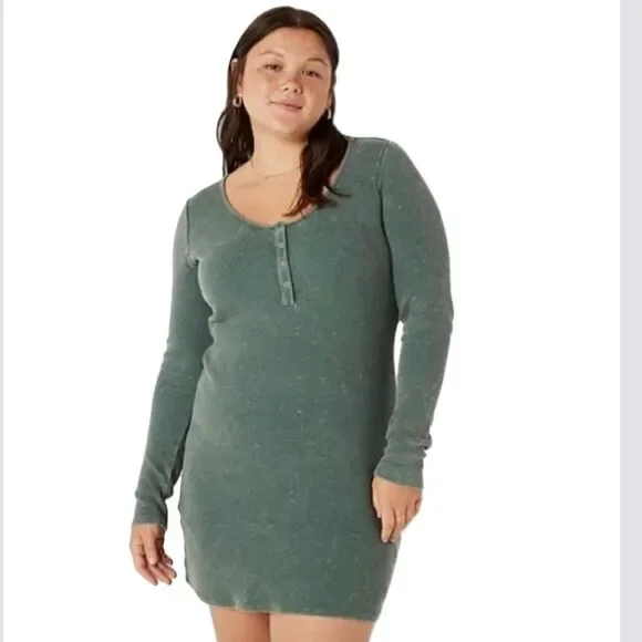 Victoria’s Secret Pink Thermal Long Sleeve Henley Dress Nightgown Satin Green XL