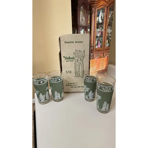 Vintage Jeannette‎ Glass Hellenic Green Grecian Glass Cups Set of 4- 16