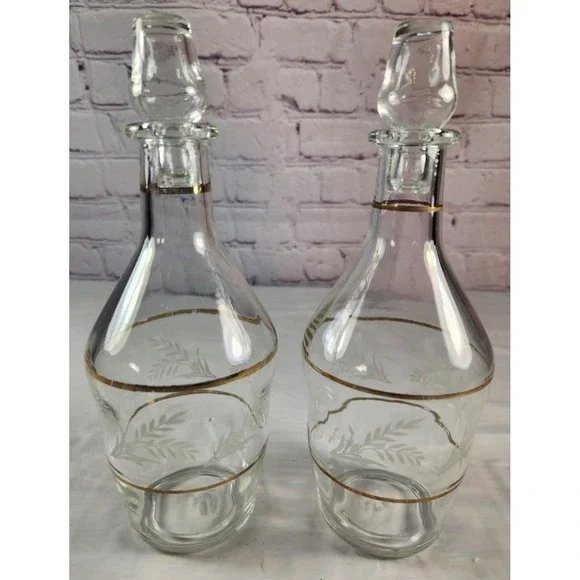 (2) Vtg Gold Rimmed Stampi Francolini Holly Etched Glass Decanters Made in Italy