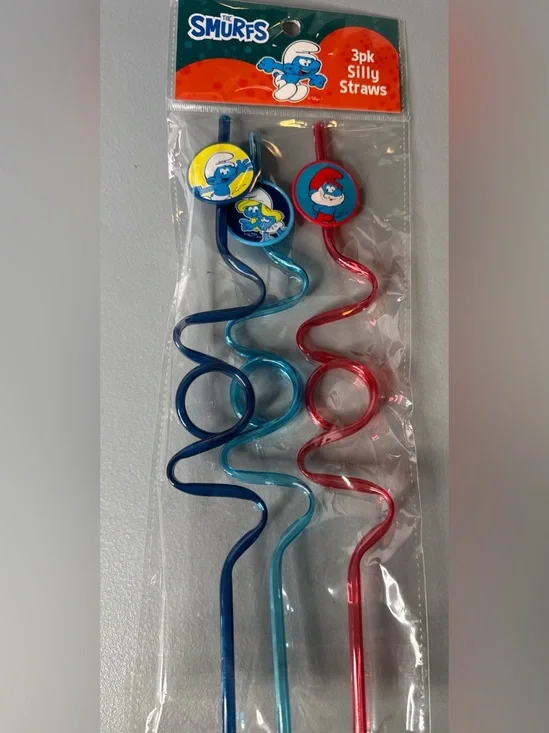 The Smurfs 3-Pack Silly Swirl Straws - Blue & Red smurfette papa Smurf drinking