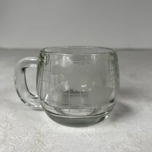 Nestle Nescafe World GLOBE Etched Clear Glass Coffee Mug Cup Advertising Tea Cup