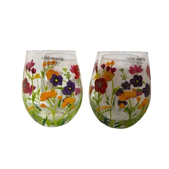 Handpainted Floral Stemless Wine Glasses Set Of Two