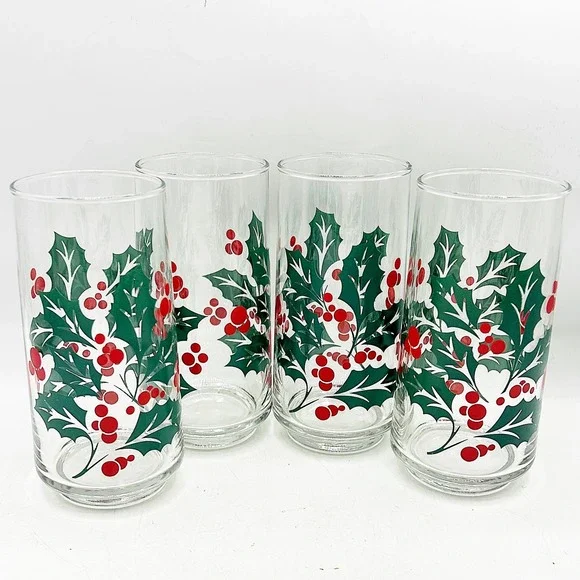 Libbey Christmas Holly Berry‎ Tumbler Glasses Set of 4 Clear Crisa