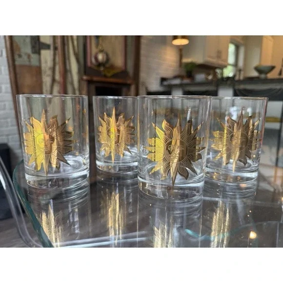 Vintage Culver Celestial Gold Sun Moon Stars Rocks Glasses Set of 4 MCM