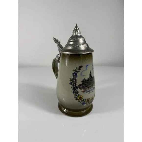 Vintage Original King Handmade Ceramic Beer Stein with Pewter Lid‎