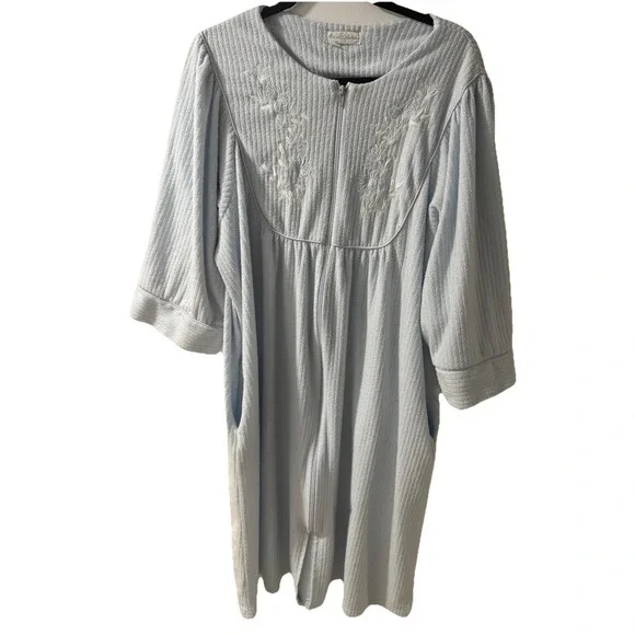 MISS‎ ELAINE Embroidered Blue Long Fleece Puff 3/4 Sleeve Bathrobe Full Zip XL
