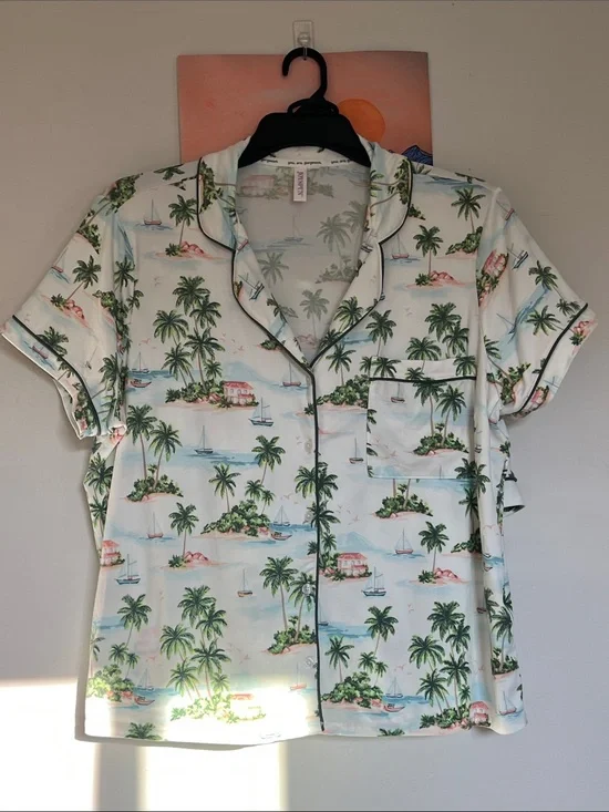 Women's Tropical Print Short-Sleeve Pajama Top - White/Green