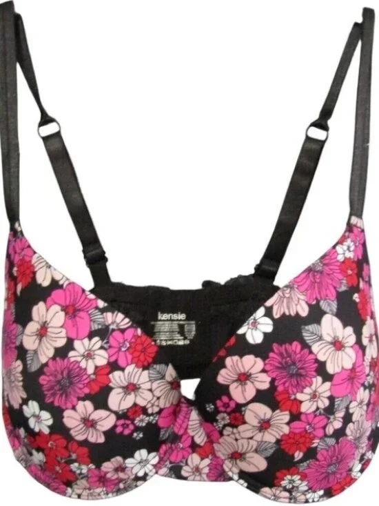 Kensie Black Pink Floral Underwire Push Up Padded Bra Size 36DD New Tag