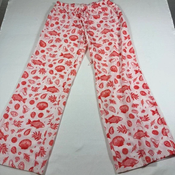 No Comment Pajama Pants M White Red Coastal Fish Shell Print Wide Leg RW436694