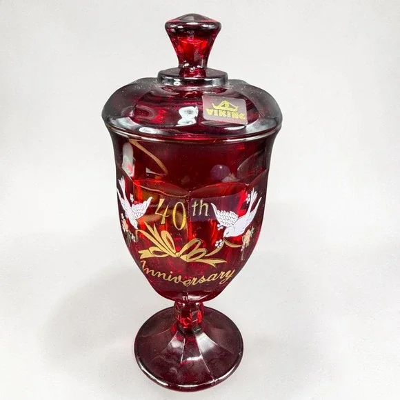 Viking Glass Ruby Red 40th Anniversary Candy Dish with Lid Doves Vintage 9 inch
