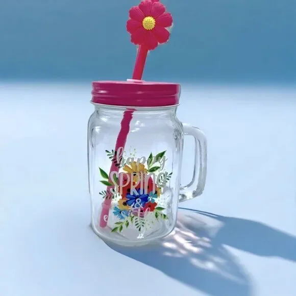 Happy Spring & Everything l Hand-painted l 16 oz. l Mason Jar l Decorative Straw