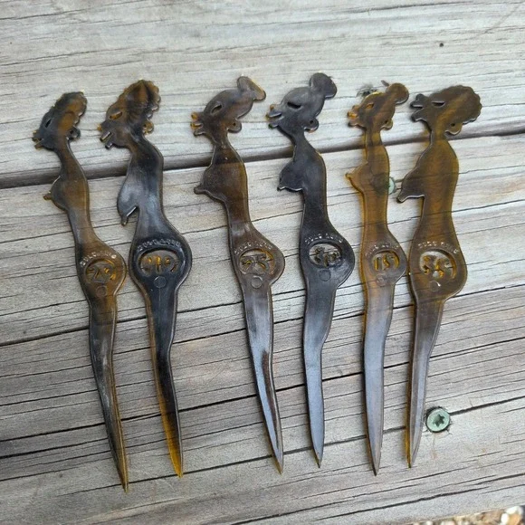 SET OF ALL 6 CELLULOID ZULU LULU MID CENTURY MODERN DRINK STIR STICKS OR SWIZEL