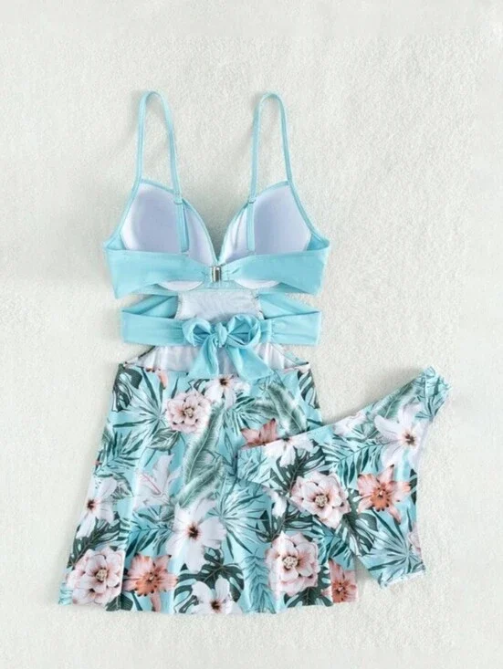 Light Blue Floral Cutout Tankini Swim Dress with Skirt