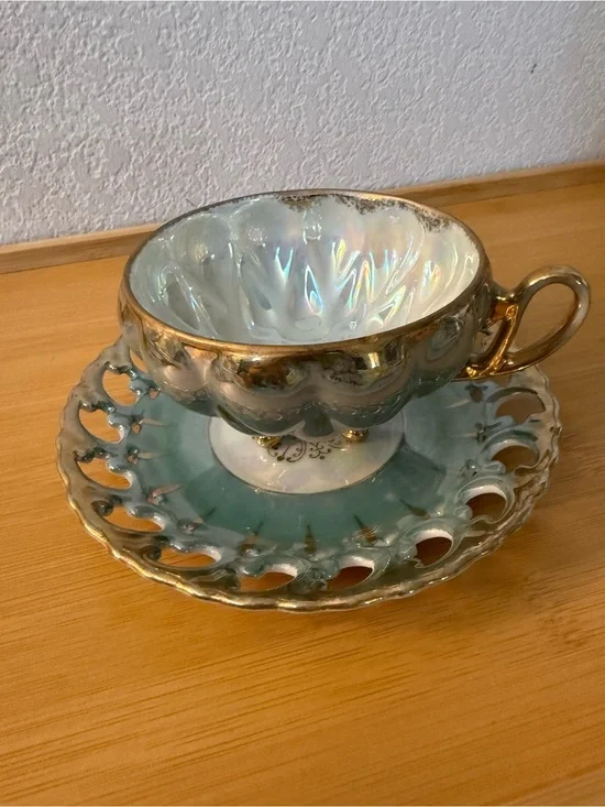 Vintage Royal Sealy Iridescent Gold-Trim Teacup & Saucer Seafoam Green